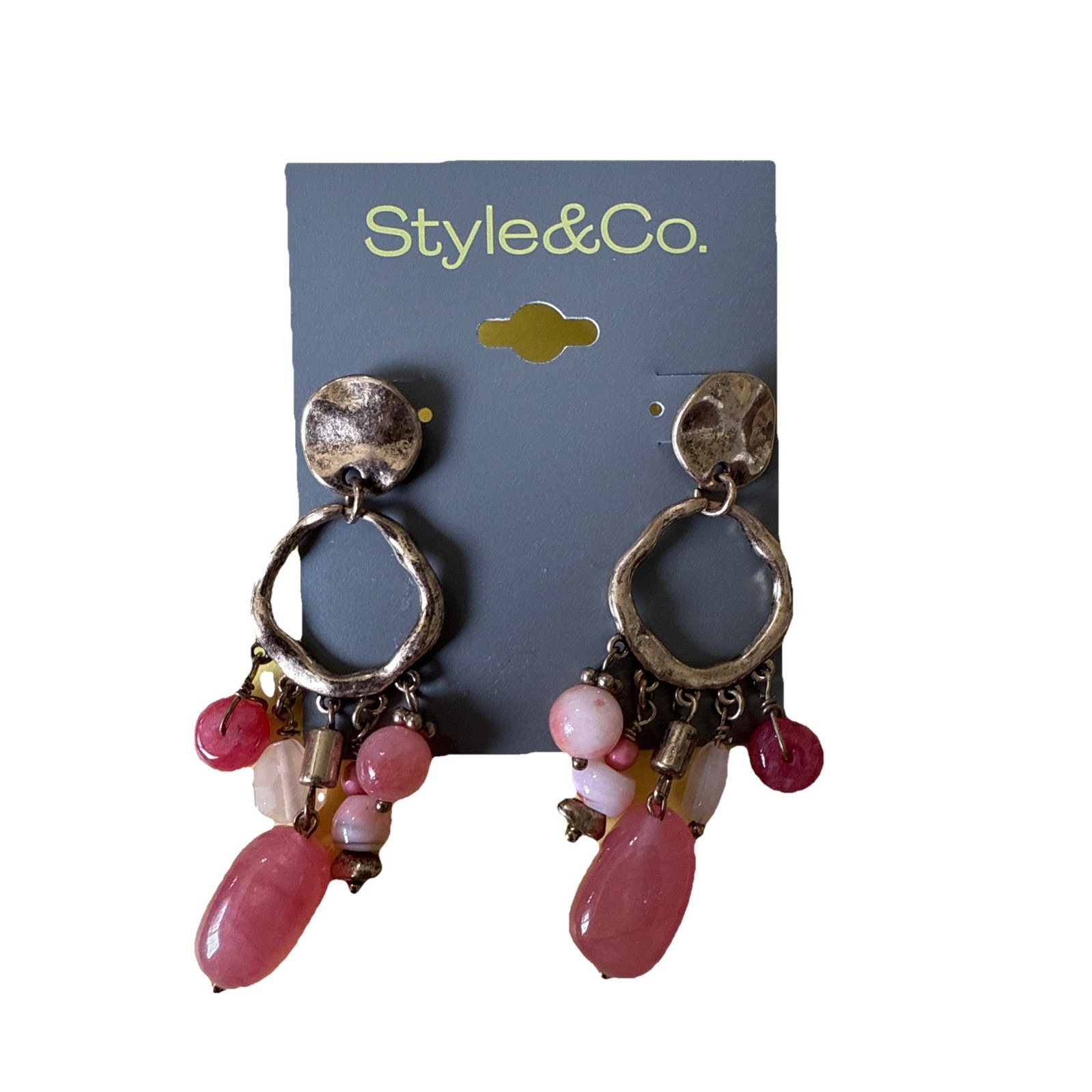 Style Co Hammered Gold TonePink Stone Post Back Dangle Earrings New E2-10 8$